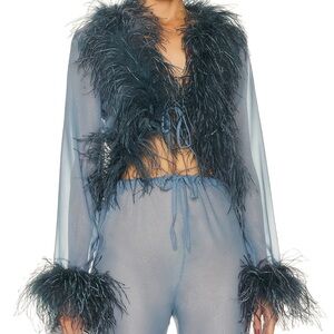 Oseree Sheer Blue Pajama Set with Feather Trim